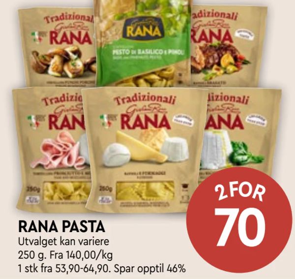 RANA PASTA Utvalget kan variere 250 g. Fra 140,00/kg 1 stk fra 53,90-64,90. Spar opptil 46%