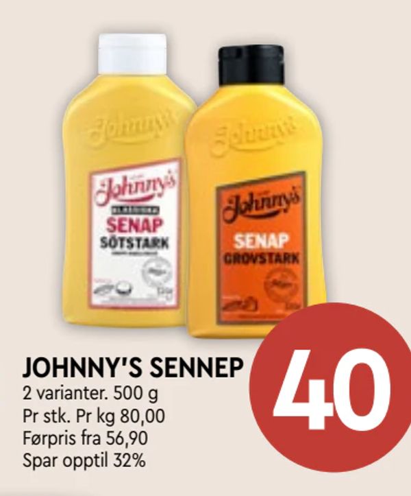 JOHNNY'S SENNEP 2 varianter. 500 g Pr stk. Pr kg 80,00 Førpris fra 56,90 Spar opptil 32%