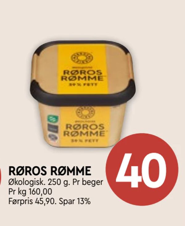 RØROS RØMME Økologisk. 250 g. Pr beger Pr kg 160,00 Førpris 45,90. Spar 13%