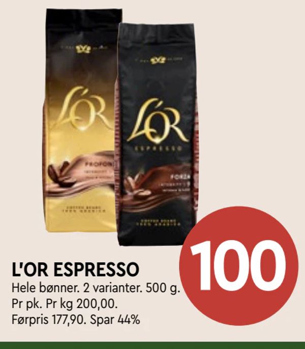 L'OR ESPRESSO Hele bønner. 2 varianter. 500 g. Pr pk. Pr kg 200,00. Førpris 177,90. Spar 44%