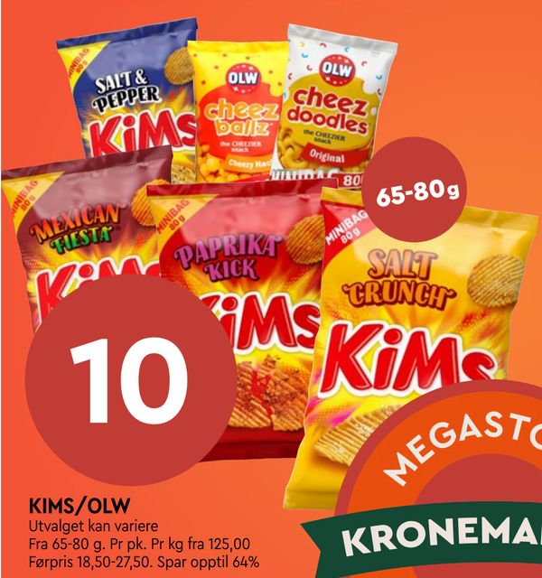 KIMS/OLW Utvalget kan variere Fra 65-80 g. Pr pk. Pr kg fra 125,00 Førpris 18,50-27,50. Spar opptil 64%