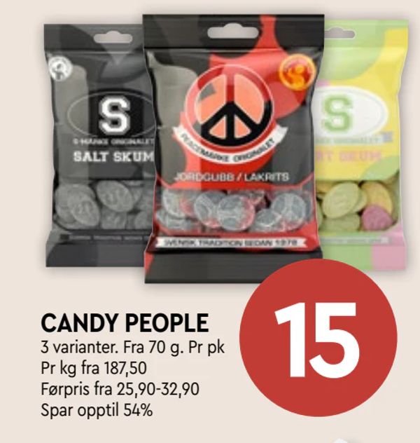 CANDY PEOPLE 3 varianter. Fra 70 g. Pr pk Pr kg fra 187,50 Førpris fra 25,90-32,90 Spar opptil 54%