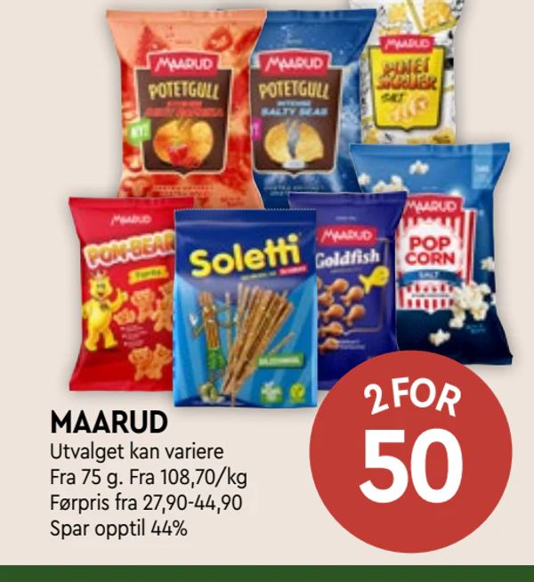 MAARUD Utvalget kan variere Fra 75 g. Fra 108,70/kg Førpris fra 27,90-44,90 Spar opptil 44%