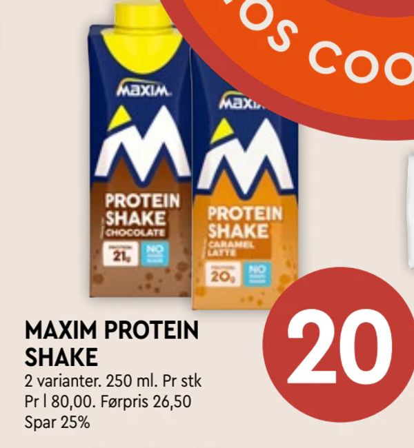 MAXIM PROTEIN SHAKE 2 varianter. 250 ml. Pr stk Pr l 80,00. Førpris 26,50 Spar 25%
