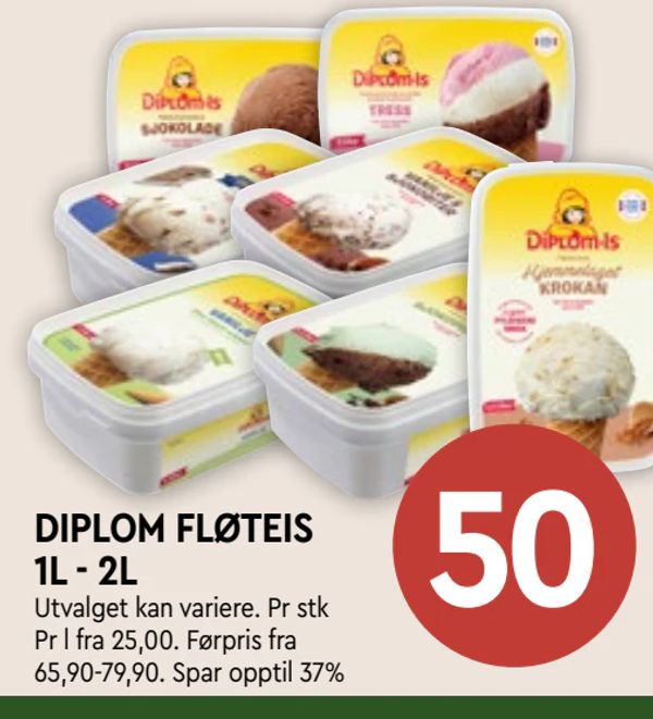 DIPLOM FLØTEIS 1L - 2L Utvalget kan variere. Pr stk Pr l fra 25,00. Førpris fra 65,90-79,90. Spar opptil 37%
