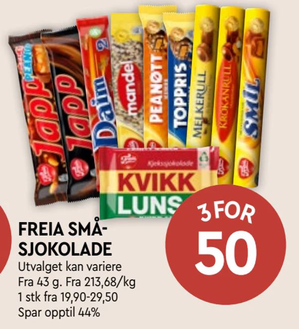 FREIA SMÅSJOKOLADE Utvalget kan variere Fra 43 g. Fra 213,68/kg 1 stk fra 19,90-29,50 Spar opptil 44%