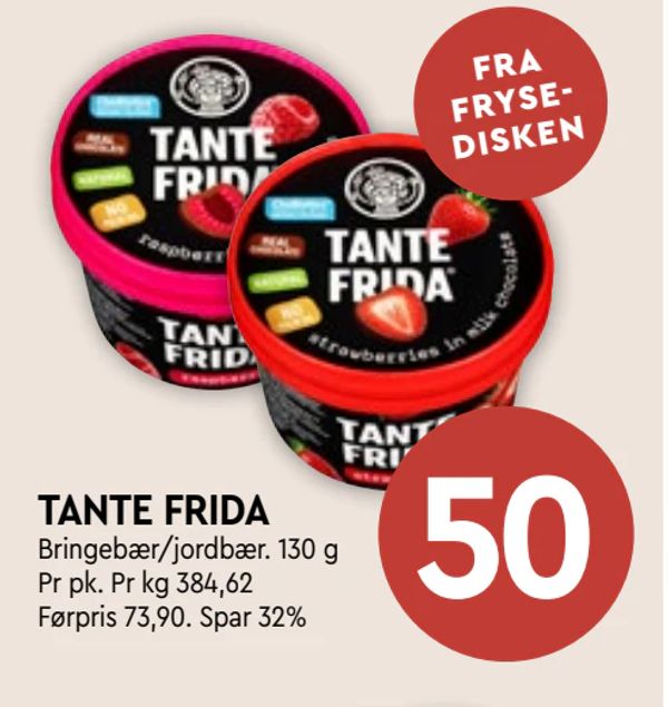 TANTE FRIDA Bringebær/jordbær. 130 g Pr pk. Pr kg 384,62 Førpris 73,90. Spar 32%