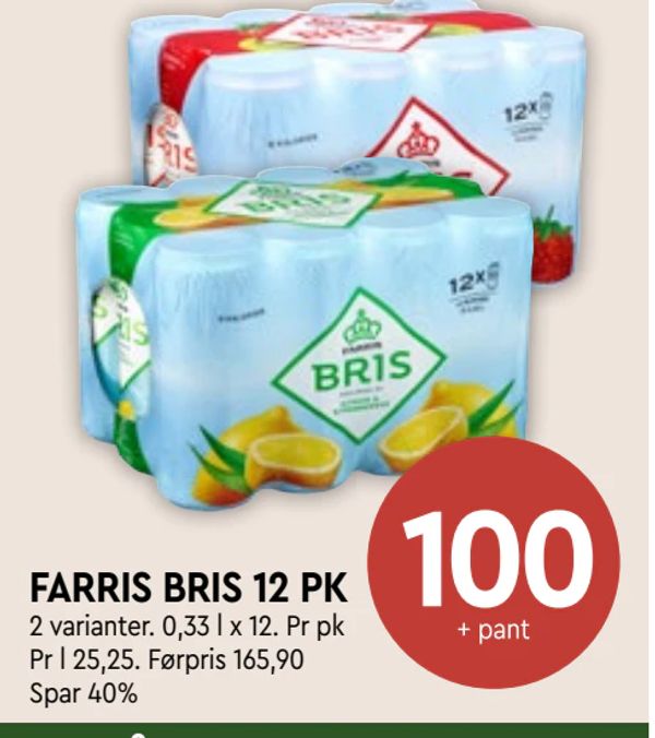 FARRIS BRIS 12 PK 2 varianter. 0,33 l x 12. Pr pk Pr l 25,25. Førpris 165,90 Spar 40%