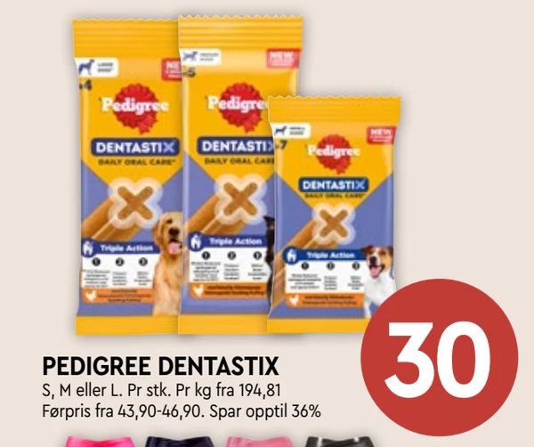 PEDIGREE DENTASTIX S, M eller L. Pr stk. Pr kg fra 194,81
Førpris fra 43,90-46,90. Spar opptil 36%