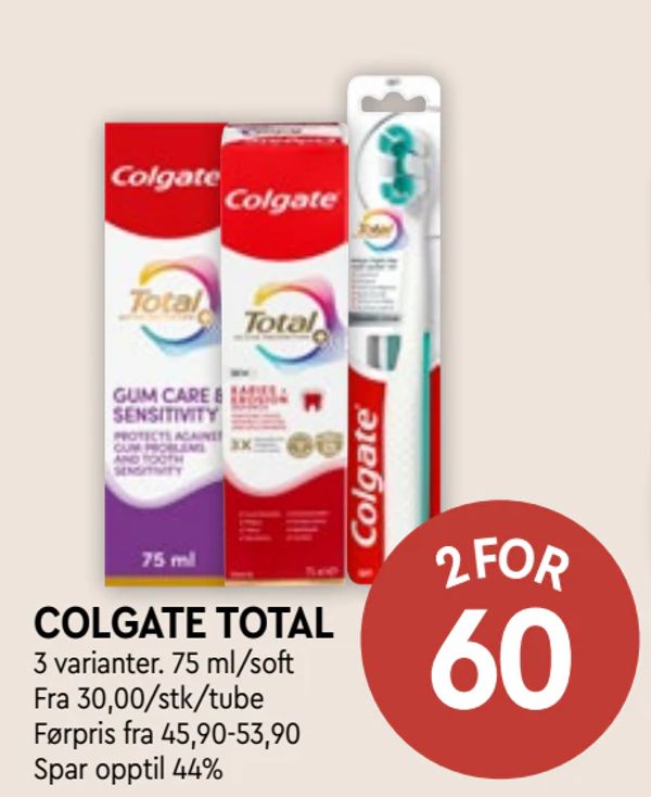 COLGATE TOTAL 3 varianter. 75 ml/soft
Fra 30,00/stk/tube
Førpris fra 45,90-53,90
Spar opptil 44%