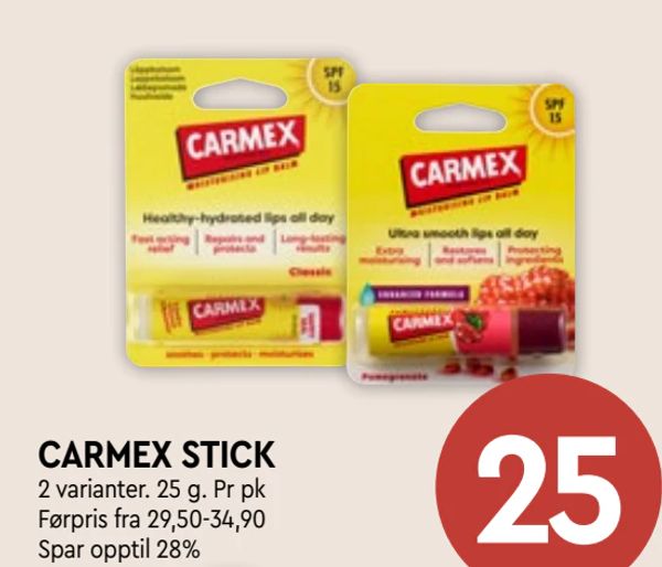 CARMEX STICK 2 varianter. 25 g. Pr pk
Førpris fra 29,50-34,90
Spar opptil 28%