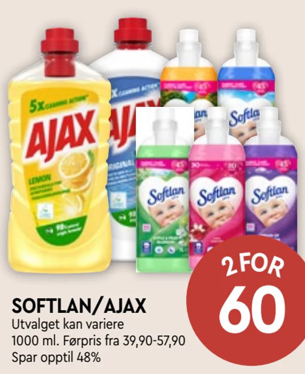 SOFTLAN/AJAX Utvalget kan variere
1000 ml. Førpris fra 39,90-57,90
Spar opptil 48%