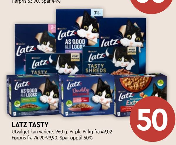 LATZ TASTY Utvalget kan variere. 960 g. Pr pk. Pr kg fra 49,02
Førpris fra 74,90-99,90. Spar opptil 50%