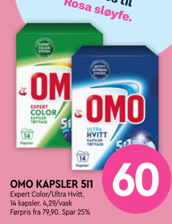 OMO KAPSLER 5I1 Expert Color/Ultra Hvitt.
14 kapsler. 4,29/vask
Førpris fra 79,90. Spar 25%