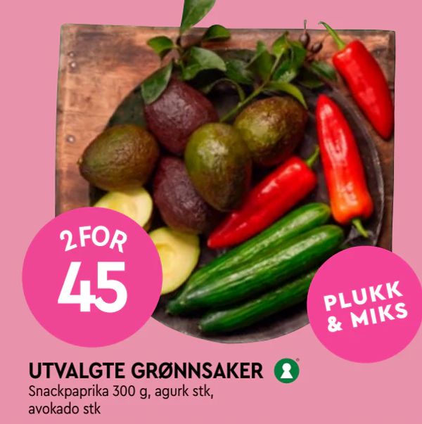 UTVALGTE GRØNNSAKER PLUKK & MIKS
Snackpaprika 300 g, agurk stk, avokado stk