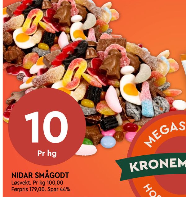NIDAR SMÅGODT Løsvekt. Pr kg 100,00
Førpris 179,00. Spar 44%