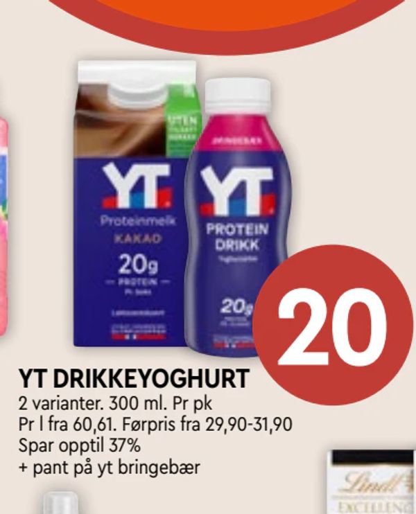 YT DRIKKEYOGHURT 2 varianter. 300 ml. Pr pk
Pr l fra 60,61. Førpris fra 29,90-31,90
Spar opptil 37%+ pant på yt bringebær