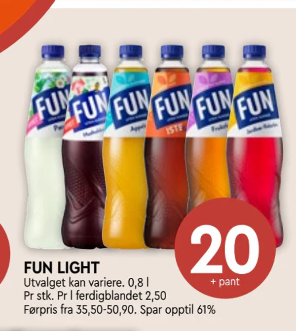FUN LIGHT Utvalget kan variere. 0,8 l
Pr stk. Pr l ferdigblandet 2,50
Førpris fra 35,50-50,90. Spar opptil 61%