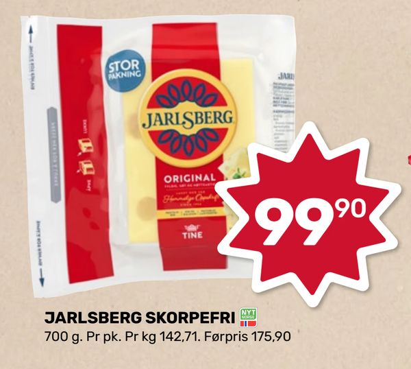 JARLSBERG SKORPEFRI 700 g. Pr pk. Pr kg 142,71. Førpris 175,90