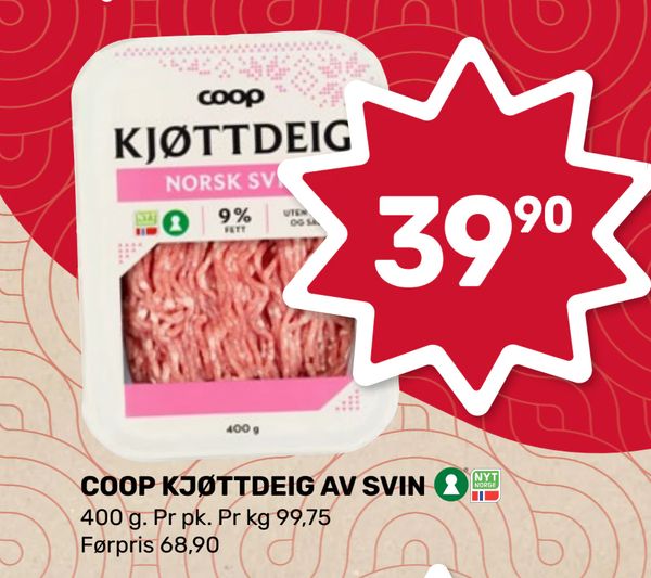 COOP KJØTTDEIG AV SVIN 400 g. Pr pk. Pr kg 99,75 Førpris 68,90