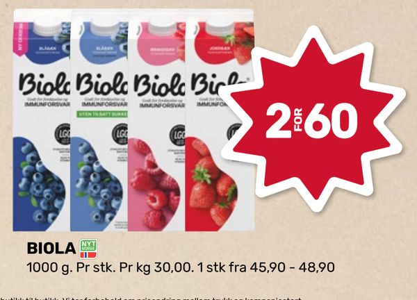BIOLA 1000 g. Pr stk. Pr kg 30,00. 1 stk fra 45,90 - 48,90 2 FOR 60