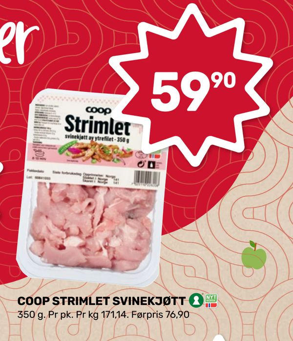 COOP STRIMLET SVINEKJØTT 350 g. Pr pk. Pr kg 171,14. Førpris 76,90