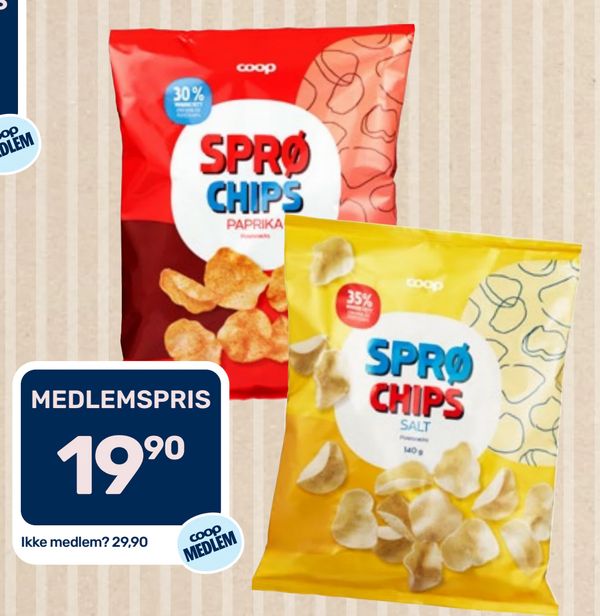 Coop SPRØ CHIPS PAPRIKA SALT MEDLEMSPRIS 19,90 Ikke medlem? 29,90 coop MEDLEM