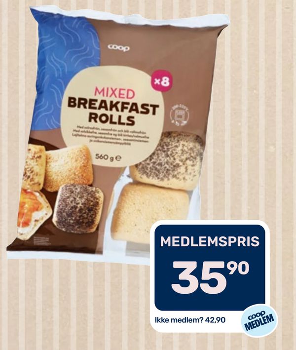 Coop MIXED BREAKFAST ROLLS 560 g MEDLEMSPRIS 35,90 Ikke medlem? 42,90 coop MEDLEM
