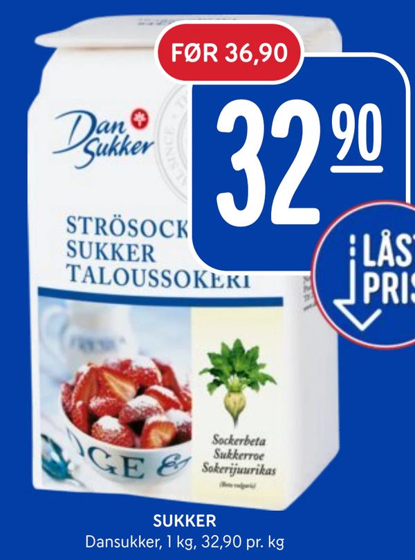 SUKKER Dansukker, 1 kg, 32,90 pr. kg 32,90 FØR 36,90 LÅST PRIS