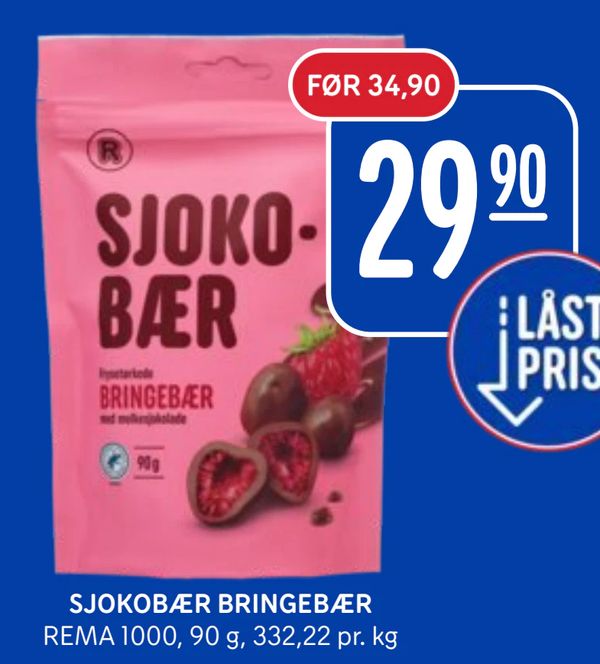 SJOKOBÆR BRINGEBÆR REMA 1000, 90 g, 332,22 pr. kg 29,90 FØR 34,90 LÅST PRIS