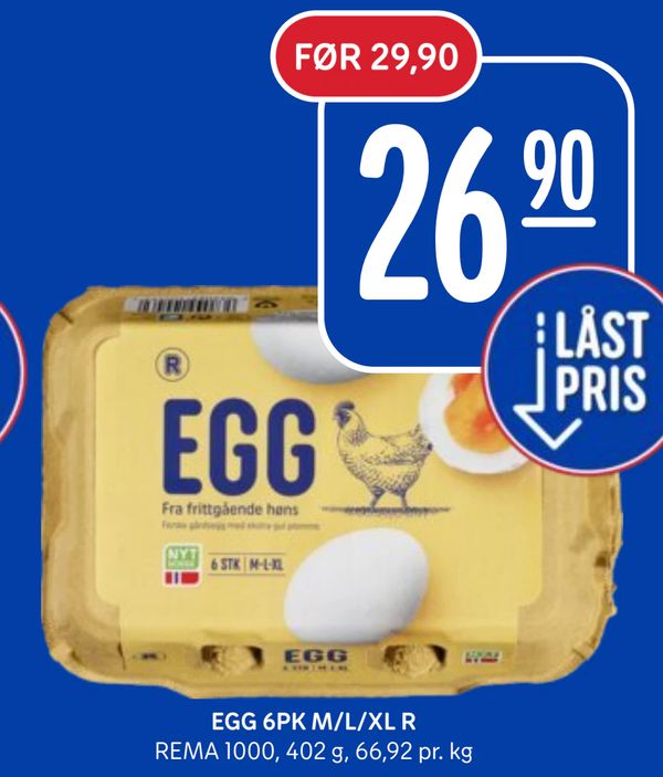 EGG 6PK M/L/XL R REMA 1000, 402 g, 66,92 pr. kg 26,90 FØR 29,90