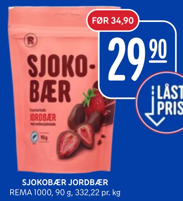 SJOKOBÆR JORDBÆR REMA 1000, 90 g, 332,22 pr. kg 29,90 FØR 34,90 LÅST PRIS