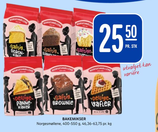 BAKEMIKSER Norgesmøllene, 400-550 g, 46,36-63,75 pr. kg PR. STK utvalget kan variere