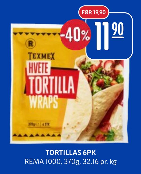 TORTILLAS 6PK REMA 1000, 370g, 32,16 pr. kg