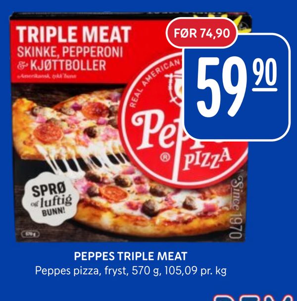 PEPPES TRIPLE MEAT Peppes pizza, fryst, 570 g, 105,09 pr. kg FØR 74,90