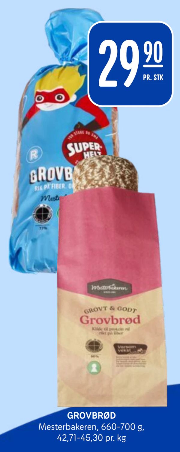 GROVBRØD Mesterbakeren, 660-700 g, 42,71-45,30 pr. kg 29,90 PR. STK