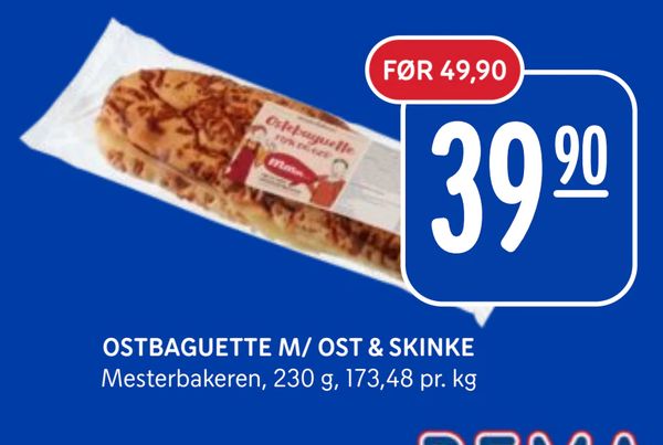 OSTBAGUETTE M/ OST & SKINKE Mesterbakeren, 230 g, 173,48 pr. kg FØR 49,90 39,90