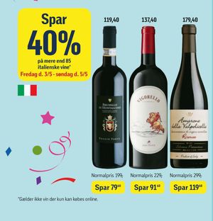 Spar 40%. på mere end 85 italienske vine
