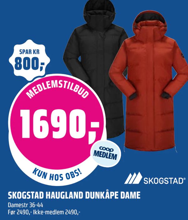 SKOGSTAD HAUGLAND DUNKÅPE DAME Damestr 36-44 Før 2490,- Ikke-medlem 2490,-