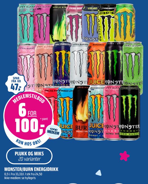 MONSTER/BURN ENERGIDRIKK PLUKK OG MIKS
20 varianter
0,5 l. Fra 33,33/l. 1 stk fra 24,50
Ikke-medlem: se hyllepris
SPAR FRA KR 47,-
+ pant
