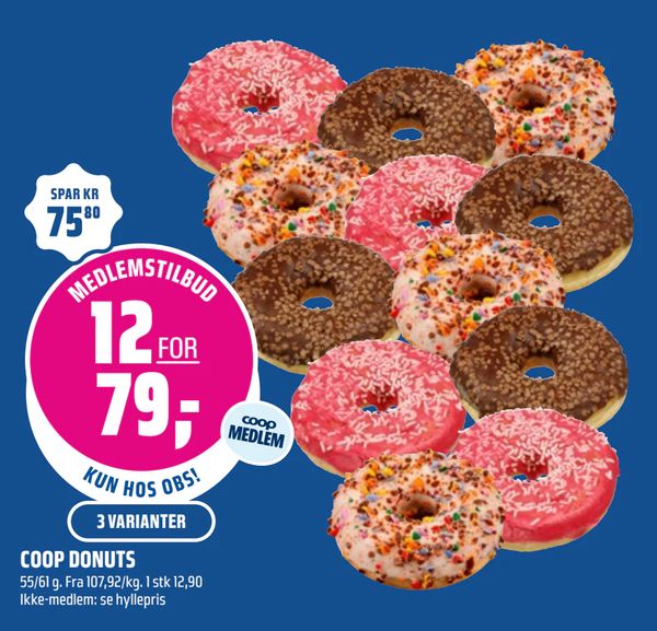 COOP DONUTS 3 VARIANTER 55/61 g. Fra 107,92/kg. 1 stk 12,90 Ikke-medlem: se hyllepris