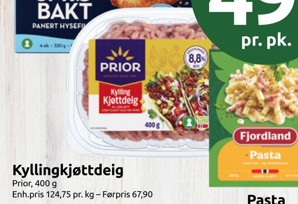 Kyllingkjøttdeig Prior, 400 g Enh.pris 124,75 pr. kg – Førpris 67,90