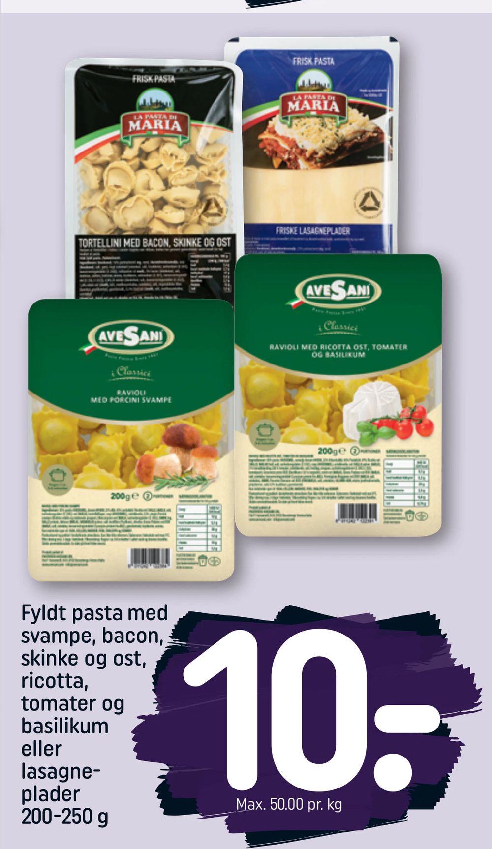 Fyldt pasta med svampe, bacon, skinke og ost, ricotta, tomater og basilikum eller lasagne-plader 200-250 g