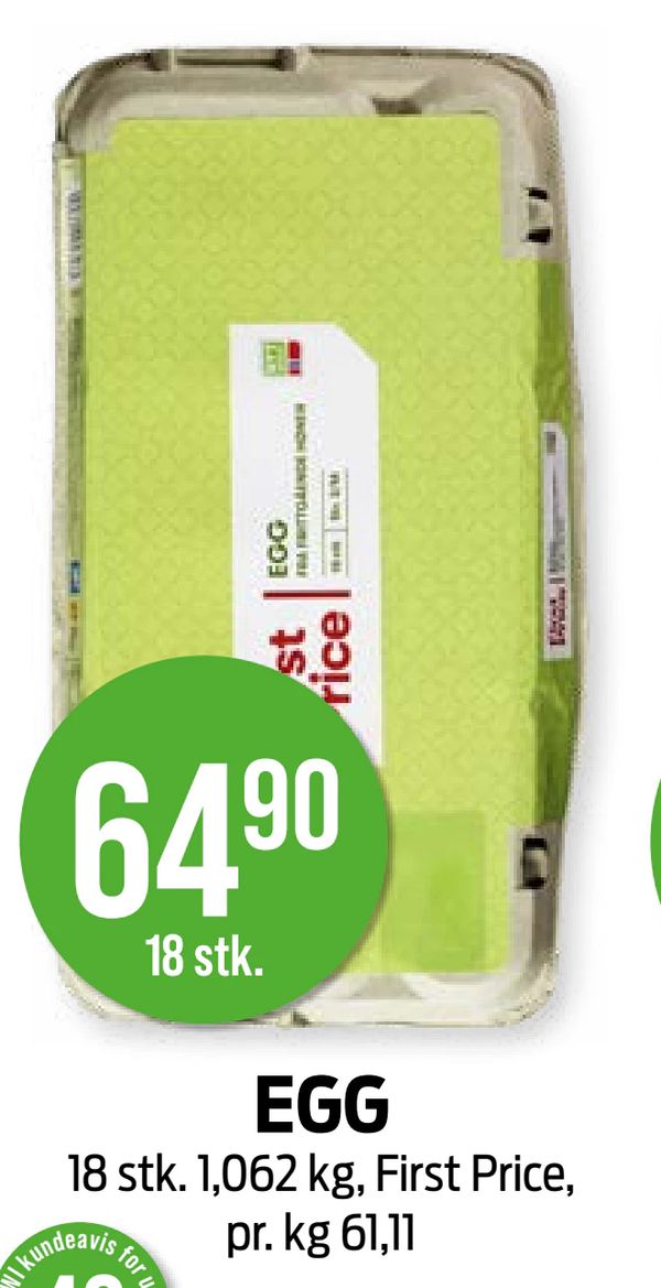 EGG 18 stk. 1,062 kg, First Price, pr. kg 61,11