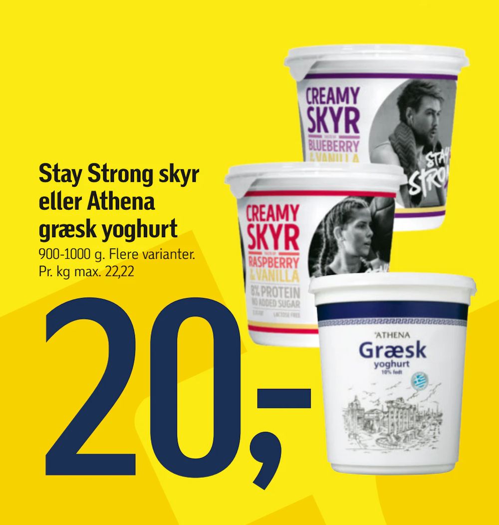 Tilbud på Stay Strong skyr eller Athena græsk yoghurt fra føtex til 20 kr.