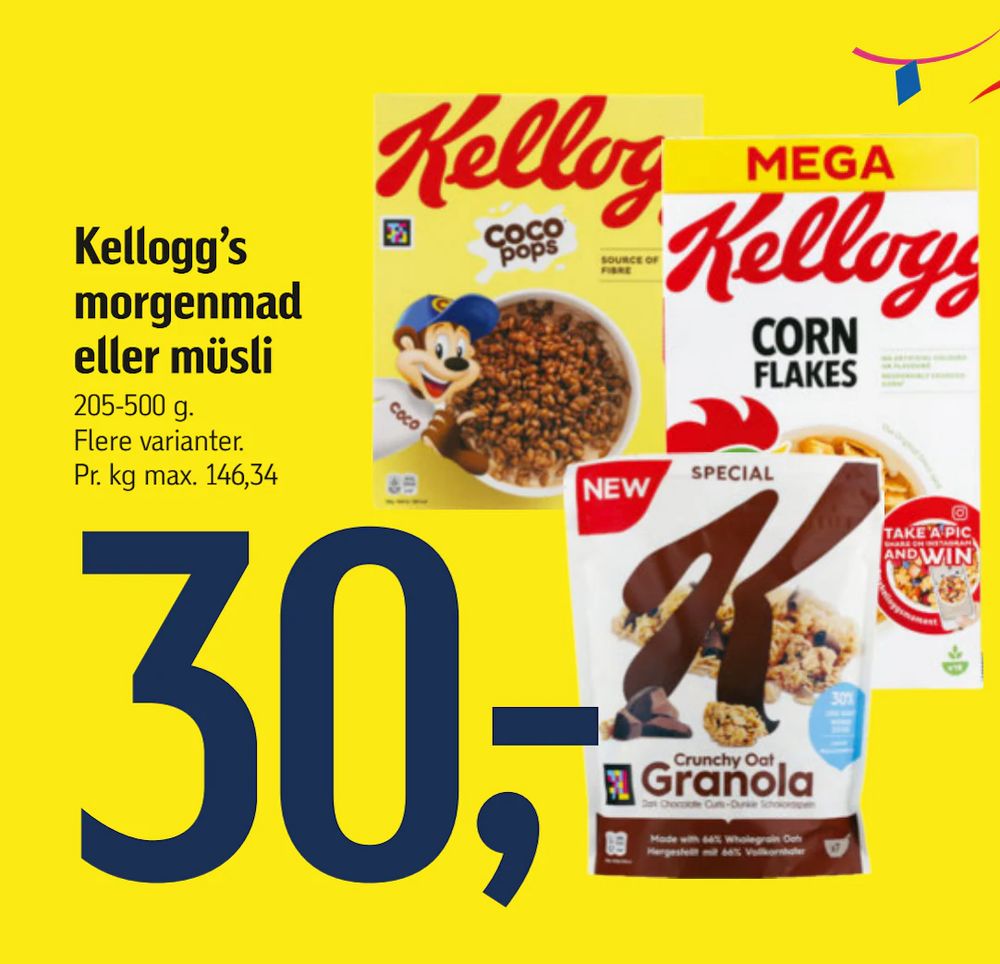 Tilbud på Kellogg’s morgenmad eller müsli fra føtex til 30 kr.