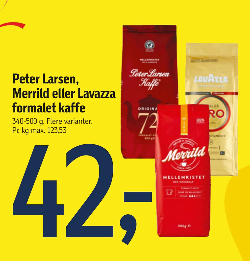 Tilbud på Peter Larsen, Merrild eller Lavazza formalet kaffe fra føtex til 42 kr.
