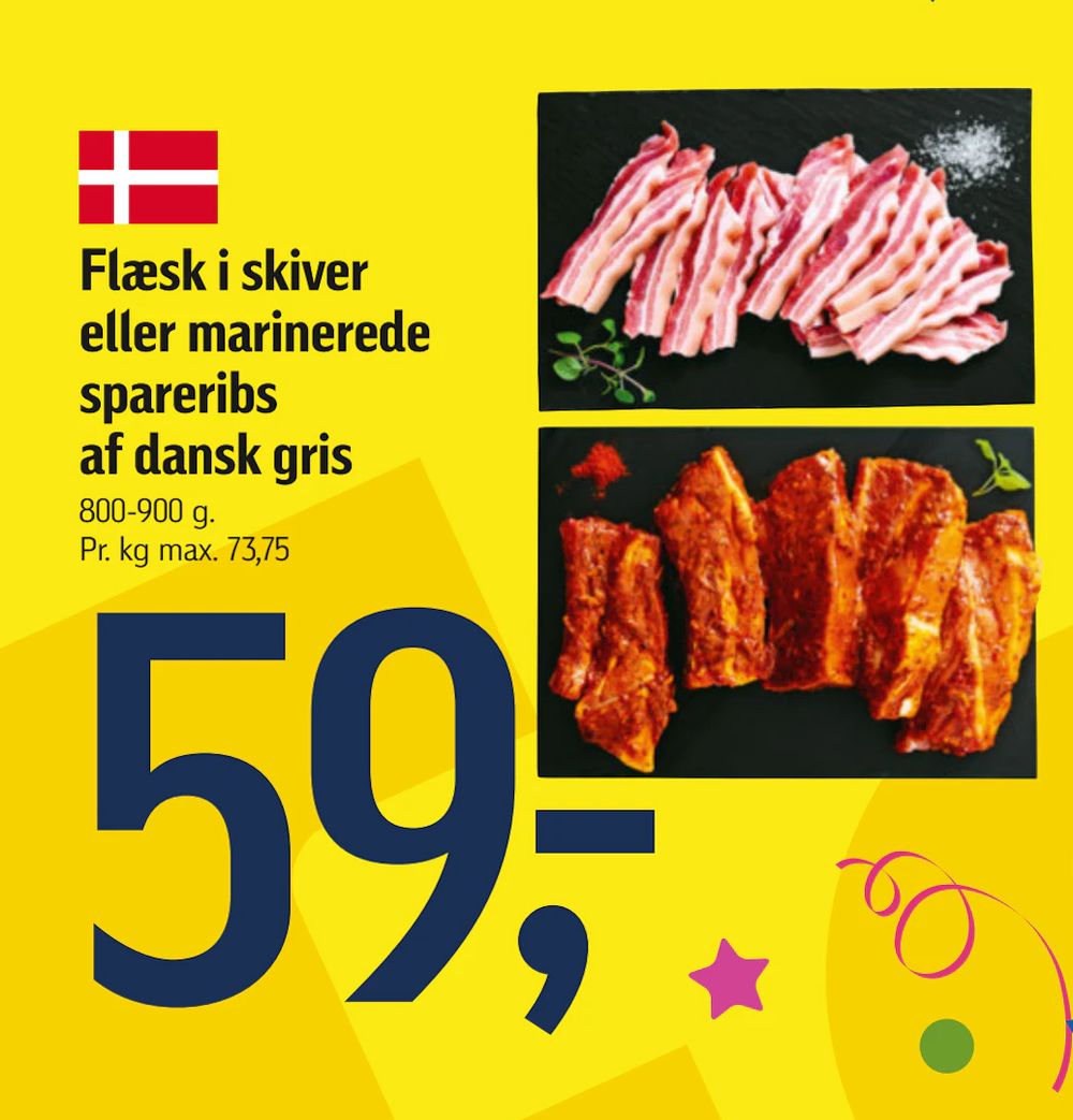Tilbud på Flæsk i skiver eller marinerede spareribs af dansk gris fra føtex til 59 kr.