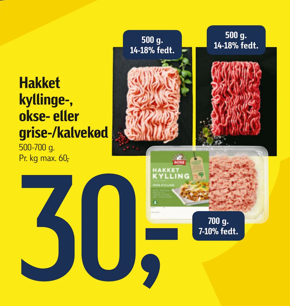 Tilbud på Hakket kyllinge-, okse- eller grise-/kalvekød fra føtex til 30 kr.