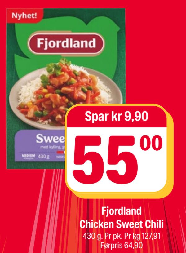 Fjordland Chicken Sweet Chili Nyhet!
Spar kr 9,90
430 g. Pr pk. Pr kg 127,91
Førpris 64,90